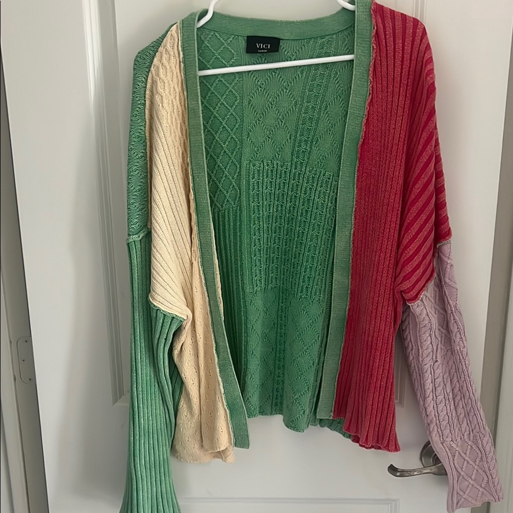 Vici Green and Cream Colorblock Cardigan